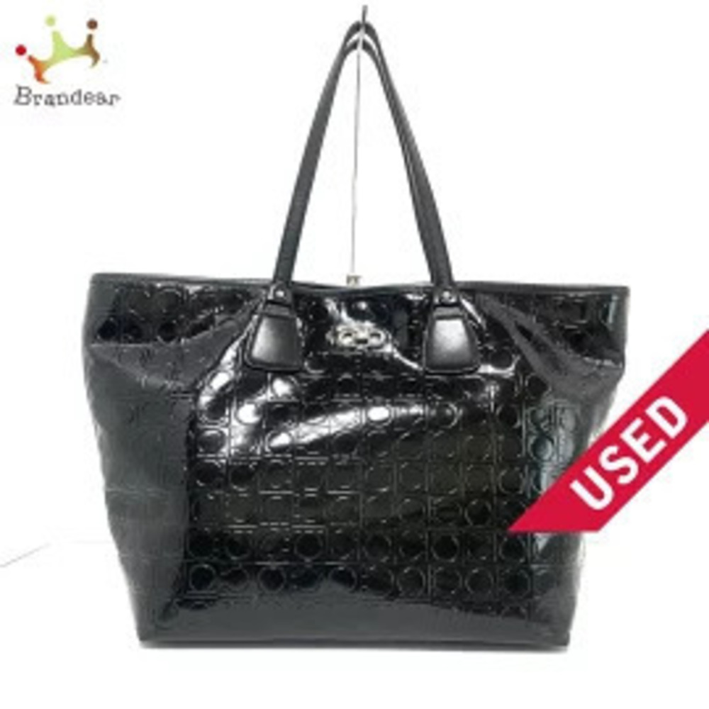 Salvatore Ferragamo Gancini Shoulder Bag Embossed Black Enamel Leather x